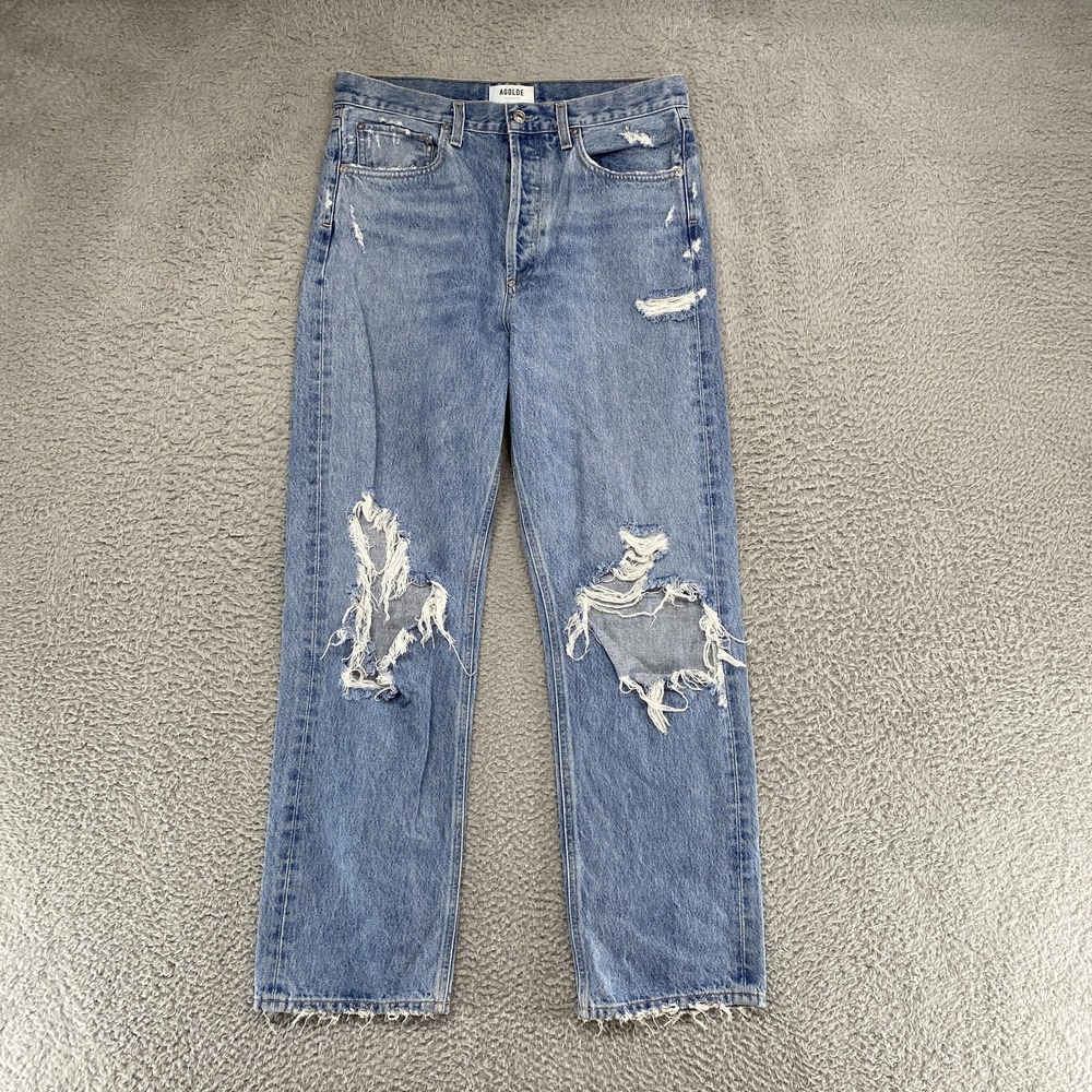 AGOLDE Mid Rise Loose Jeans Womens 28‎ Medium Wash Raw Hem Butt Rip Distressed